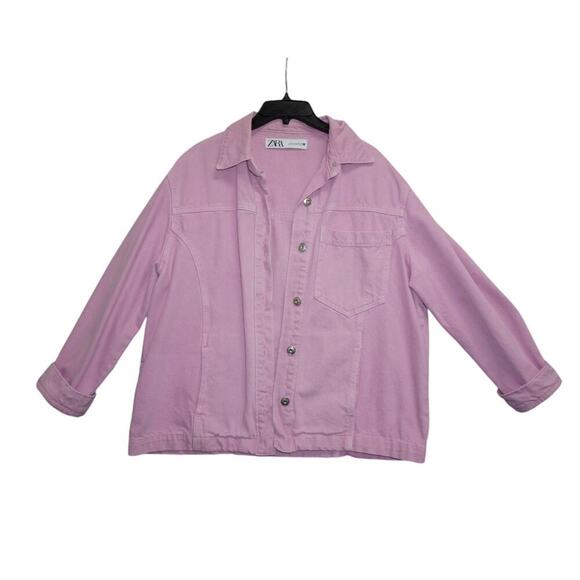 Zara Woman Oversized Pink Denim Jacket Button Front Long Sleeve Women’s Size M - Picture 2 of 4